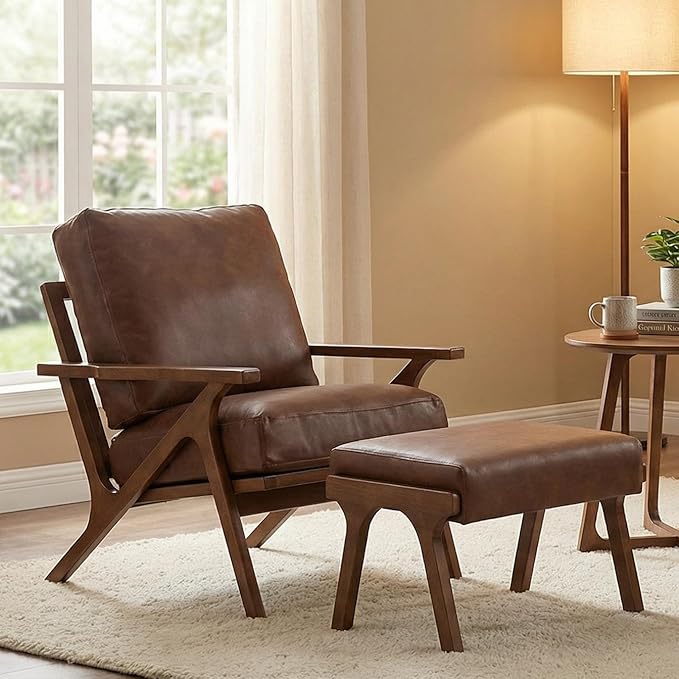 Mid Century Modern Accent Chair with Ottoman Farmhouse PU Upholstered Living Room Armchair and Ottoman Set 23 Seat Wide Retro Leisure Lounge Chair with Wood Frame for Home Bedroom Office Brown
