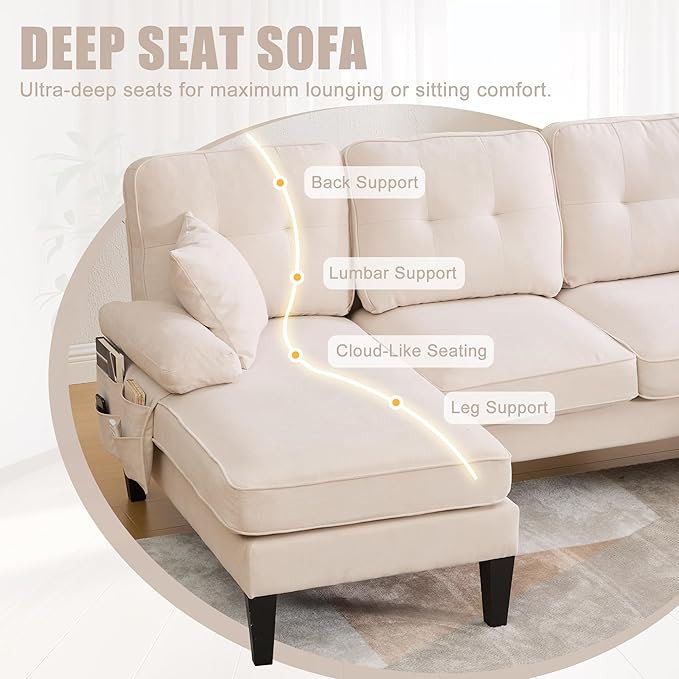100'' U-Shaped Sectional Sofa with Double Chaise Minimalist 4-Seater Couch with 2 Pillows Sofa Set with Arm &amp 2 Side Pocket for Living Room Apartment (Beige)