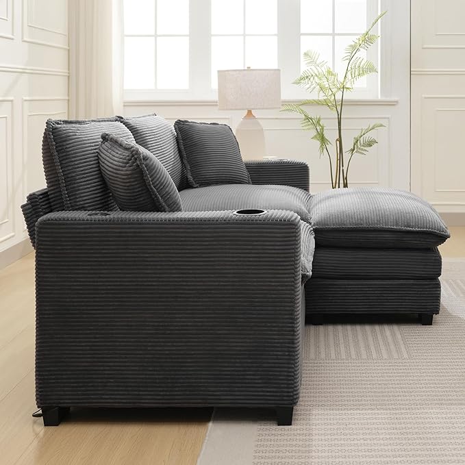 KIVENJAJA Corduroy Cloud Sectional Couch Modular Oversized Loveseat Sofa with Ottoman Cup Holders &amp USB Port Comfy 2 Seater Love Seat for Living Room Small Space 82.7”W Grey