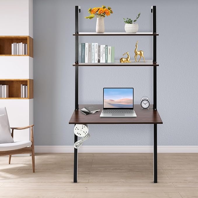 Wall Mounted Desk Floating Laptop Desk with 2 Storage Shelves Industrial Ladder Desk Wall Table Creative Hanging DeskMultifunctional Computer Workstation for Home Office
