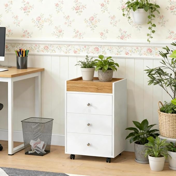 Mobile File Cabinet Office Cabinets with 4 Smooth Wheels for Home Office Rolling Filing Storage Cabinet Compact Printer Stands with 3 Drawers &amp Natural Wood Storage Box on The Top for Letter/A4 S