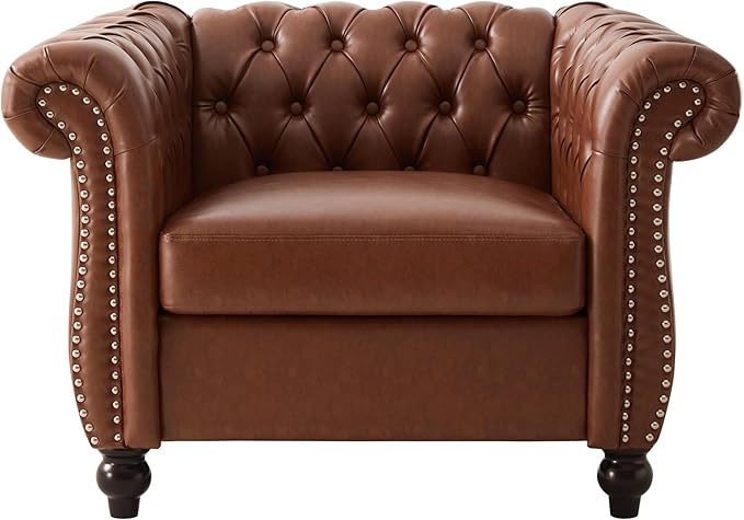 Mid-Century Modern Club Chair with Scrolled Arms Tufted Upholstered Rolled Armchair with Nailhead Trim and Solid Wood Legs for Home Bedroom Reading Room (Brown87)