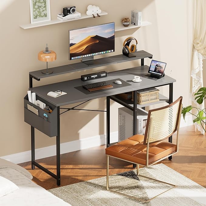 HLDIRECT Computer Desk with LED Lights 40Inch Gaming Desk with Monitor Stand &amp Side Storage Shelves Writing Study Table with Storage Bag for Home Office and Bedroom Gray