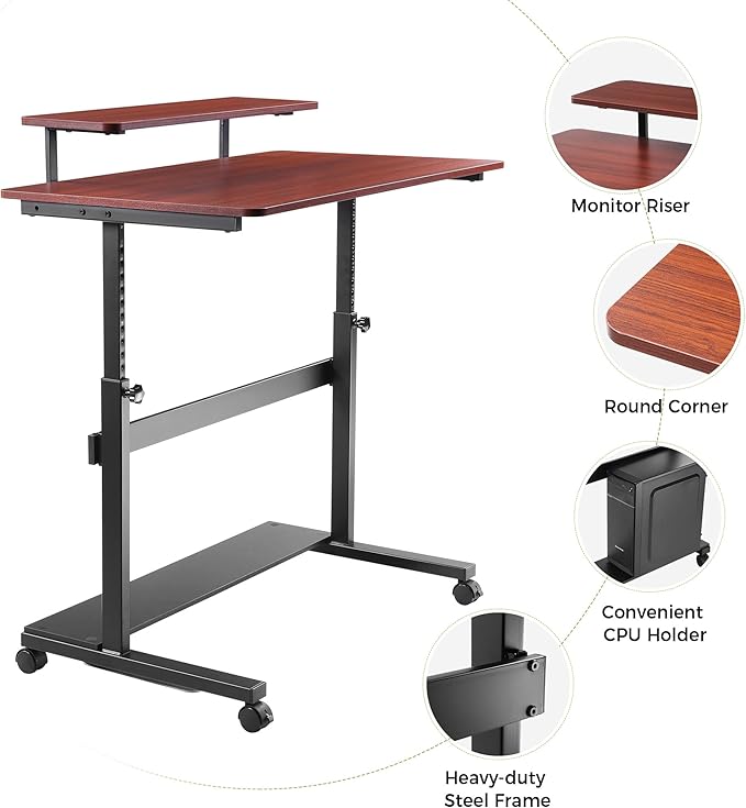 Eureka Ergonomic Mobile Standing Desk 41 Inch Lockable Home Office Height Adjustable Computer Desk PC Table with Hutch Teak Top