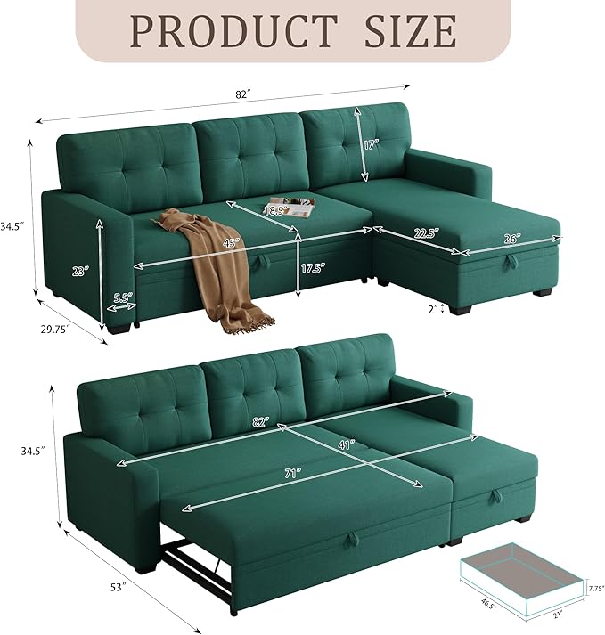 82 Convertible Sectional Sleeper Sofa with Storage Chaise L Shaped Pull Out Couch Bed with 3 Tufted Back Cushion for Living Room ApartmentOfficeGreen