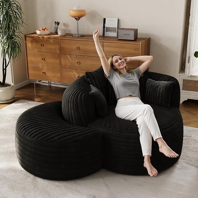 50 Oversized Chaise Lounge Indoor Round Reading Chair Lounge Chair with Ottoman Boneless Sofa Bed Large Fluffy Plush Corduroy Chaise Chair for Living Room Playroom Bedroom Black