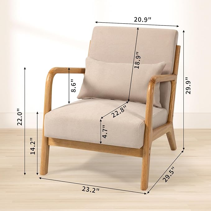 Mid-Century Modern Linen Accent Chair Solid Wood Armrests and Legs Solid &amp Comfortable Seating for Living Room