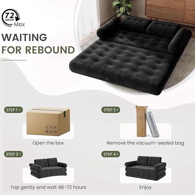 59 Convertible Sofa Bed 5-in-1 Folding Loveseat Sleeper Chair with Pillows Removable Armrests Fold Out Boneless Couch Futon Floor Mattress Lounge for Apartment Dorm Living Room - Black Full