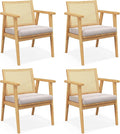 GOFLAME Rattan Accent Chairs Set of 4 Comfy Mid-Century Modern Cane Lounge Armchairs with Rattan Back &amp Removable Seat Cushion Reading Chairs with Solid Rubber Wood Frame for Living Room Bedroo