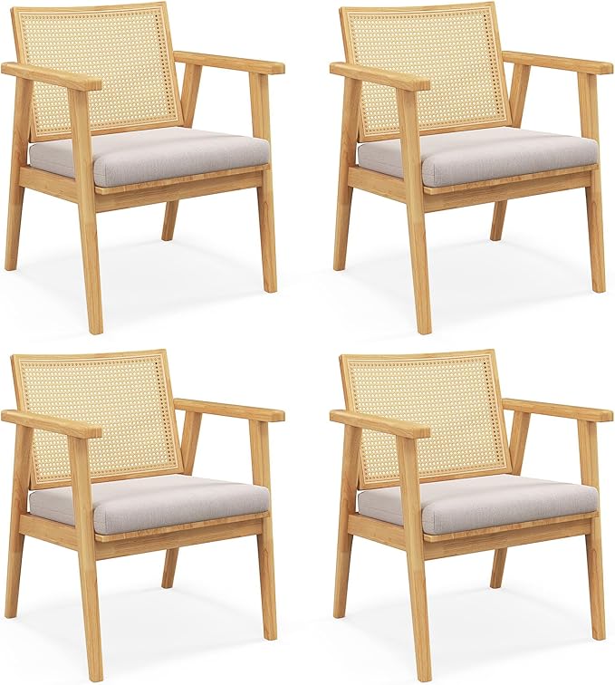 GOFLAME Rattan Accent Chairs Set of 4 Comfy Mid-Century Modern Cane Lounge Armchairs with Rattan Back &amp Removable Seat Cushion Reading Chairs with Solid Rubber Wood Frame for Living Room Bedroo