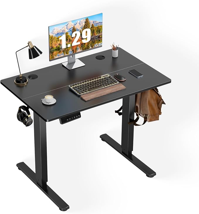 Hexago Electric Standing Desk 48 x 24 Inch Height Adjustable Sit Stand Desk with Memory Presets T-Leg Frame Dual Hooks Cable Hole Ergonomic Computer Desk for Home Office –Black