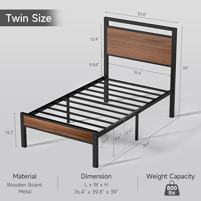 Z-hom Upgraded Twin Bed Frames Heavy Duty Metal Sturdy Bed Frame Twin Size with Modern Wood Headboard &amp Footboard Stable Platform Bed Furniture Bed Storage No Noise No Box SpringsWalnut