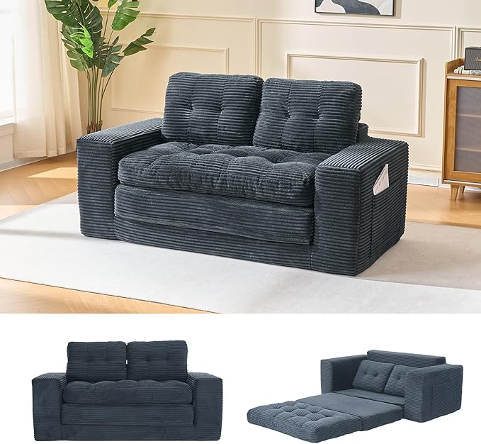 Fefances 66.93”Boneless Sofa Bed 2-in-1 Convertible Loveseat &amp Folding Futon Couch Small Space-Saving Design with Corduroy Fabric for Living Room Bedroom Studio Apartment - Black