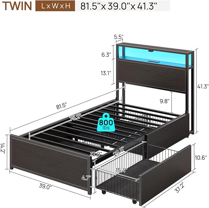 Rolanstar Twin Bed Frame with 4 Storage Drawers Charging Station and LED Lights Metal Platform Bed with 2-Tier Storage Headboard No Box Spring Needed Easy Assembly Noise-Free Black