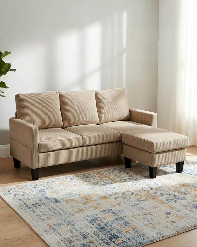 Karl home Small Sectional Couch L Shaped Sofa with Movable Storage Ottoman Corduroy Upholostered Sofa Chaise with Side Pockets for Living Room Apartment Studio Khaki