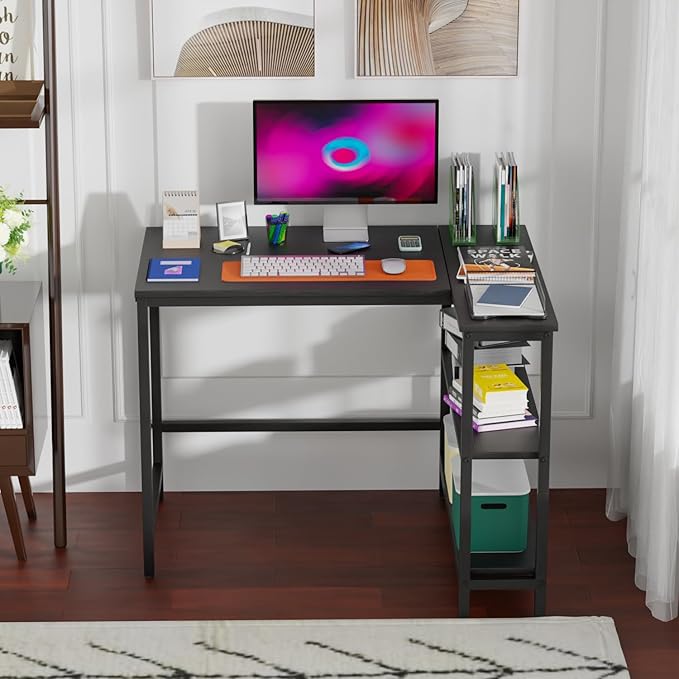 FDW L-Shaped Gaming Desk 39 Inch Computer Desk Corner Desks with Reversible Side Storage Shelves Study Desk Metal Frame PC Work Table for Home Office Dorm Sturdy Writing Workstation Black
