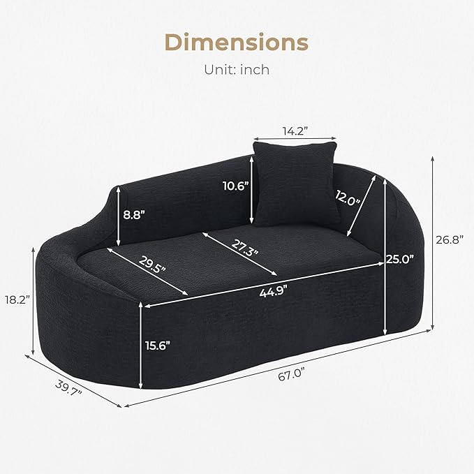 DEINPPA Modern Chaise Lounge with Pillow Chenille Comfy Cloud Couch for Living Room Bedroom Apartment No Assembly Needed-Black | Lasting Support