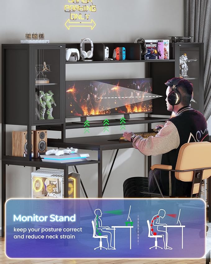 SEDETA Gaming Desk 74.8'' with LED Lights Hutch and Storage Shelves Computer Desk with Monitor Stand Large PC Gamer Desk Workstation Ergonomic Gaming Table for Bedroom Living Room Black