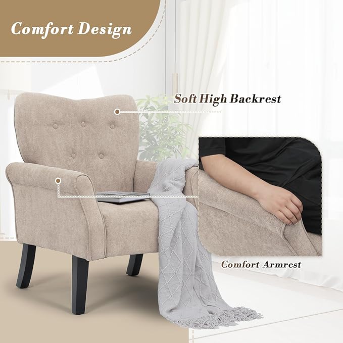 Athena Collection Mid Century Accent Chair Upholstered Modern Comfy Armchair Single Sofa Elegant Vanity Chair Reading Chair with High Back and Solid Wood Legs for Bedroom Living Room Office Beige
