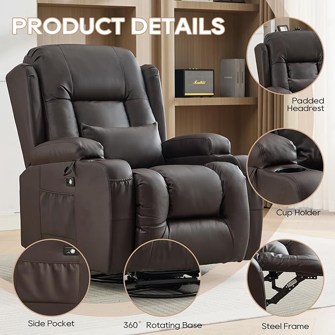 IPKIG Rocking Recliner Chair Upholstered Manual Recliner Chair 360° Swivel Glider Rocker Chair with LED Light USB Port Side Pocket Cup Holders Lumbar Pillow for Living Room Home Theater (Brown)
