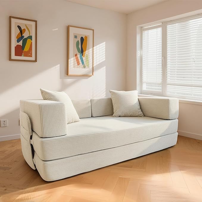 5‑in‑1 Futon Sofa Bed Queen – Floor Foldable Convertible Sofa Couch with L‑Shaped Armrests Removable Cover White Convertible Guest Bed | Space‑Saving Fold‑Out Mattress Lounge for Living Room/Bedroom