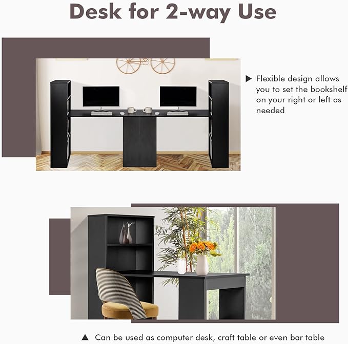 Computer Desk with Bookcase 48” Modern Writing Table Desk with Storage Shelves and CPU Stand Reversible Study Workstation for Home Office Bedroom (Black)