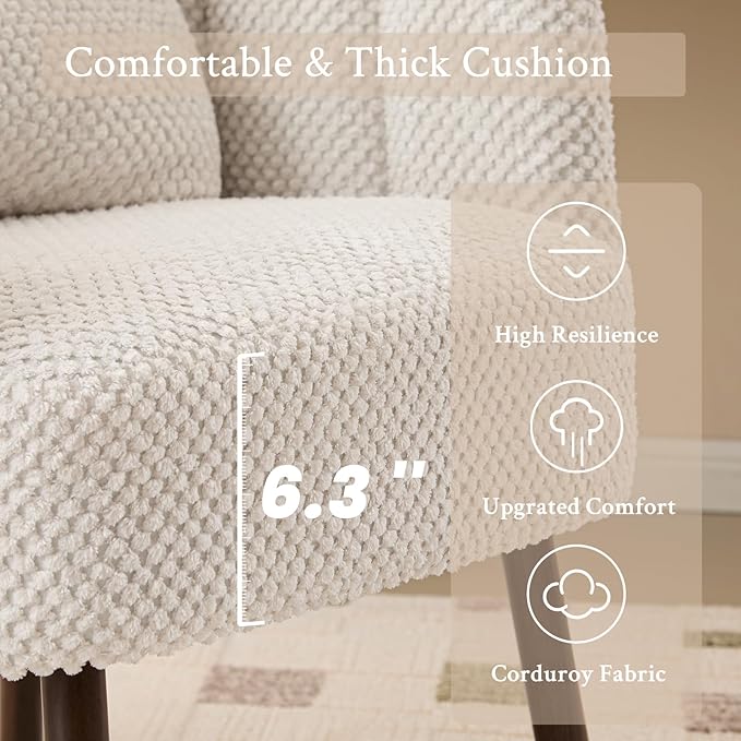 Furniliving Beige Vanity Chair Velvet Accent Chair for Living Room Shell Chairs with Wooden Legs Makeup Chair for Bedroom Armchair Cute Petal Reading Chair with Pillow