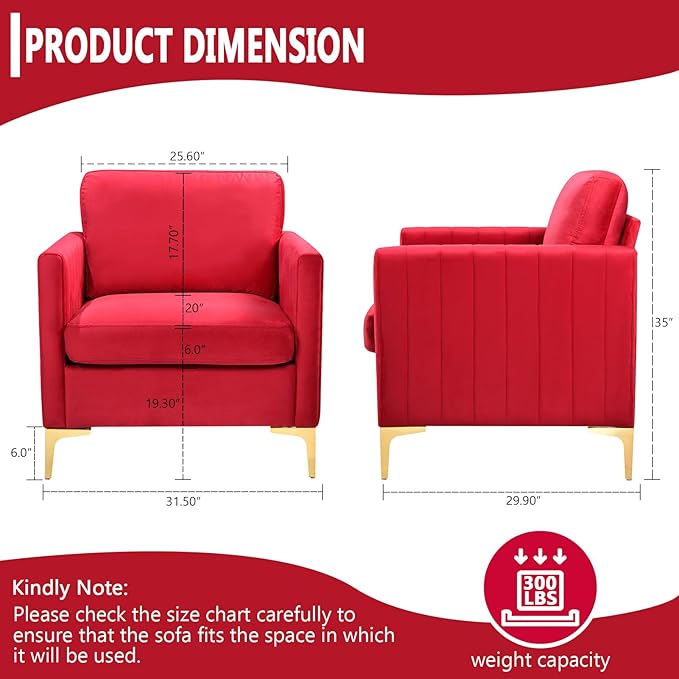 Red Velvet Accent Chair Upholstered Armchair with Gold Metal Legs Modern Single Sofa Chair for Living Room Bedroom Office
