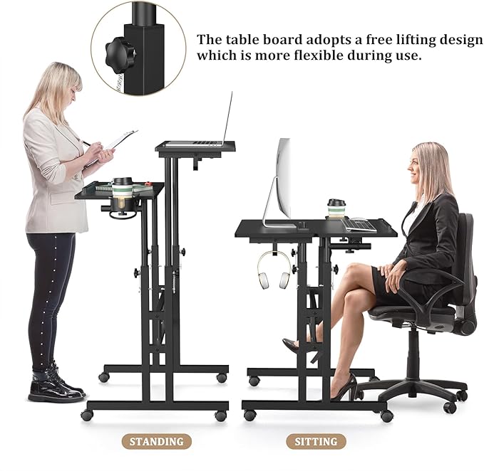 Small Standing Desk with Wheels Mobile Stand Up Desk Portable Standing Table on Wheels for Walking Pad Rolling Computer Desk Adjustable Height Tall Table