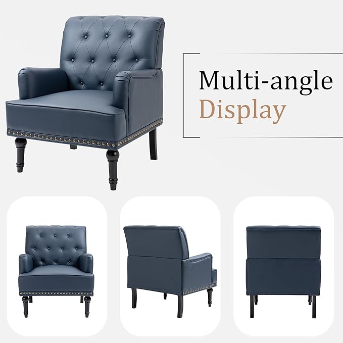 MOJAY Faux Leather Accent Chair Set of 2 Mid-Century Modern Living Room Chair Lounge Study Sofa Chair with Sturdy Wood Legs Club Chair Armchair for Bedroom Home Study Reception (DarkBlue)