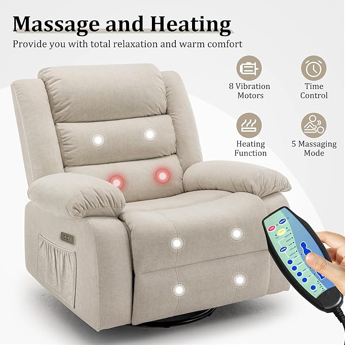 Power Recliner Chair Electric Rocker Recliner with Massage and Heat 270° Swivel Glider Oversized Wide Seat with USB Port Cashmere Nursery Chair for Living Room Beige