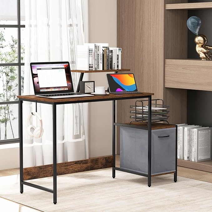 Tangkula Computer Desk with Charging Station Home Office Desk with Reversible Fabric Drawer Headphone Hook &amp Elevated Shelf Study Writing Table Industrial PC Workstation for Home