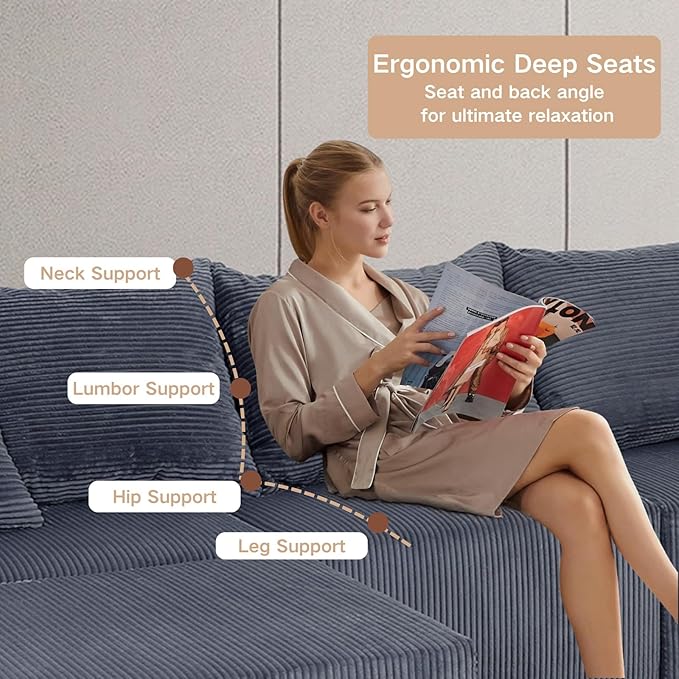 155 Oversized Cloud Boneless Couches for Living Room U-Shaped Modular Sectional Sofa with Deep Seat 8 Seater Boneless Couch with Ottoman &amp Pillows Corduroy DIY Combination Modular Couch Grey