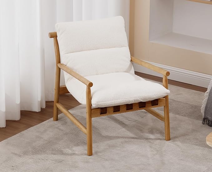 Kmax Modern Sling Accent Chair Mid-Century Faux Fur Living Room Chair Soft Comfy Lounge Chair Solid Wood Frame Chair with Armrest for Bedroom Reading Room Backyard White