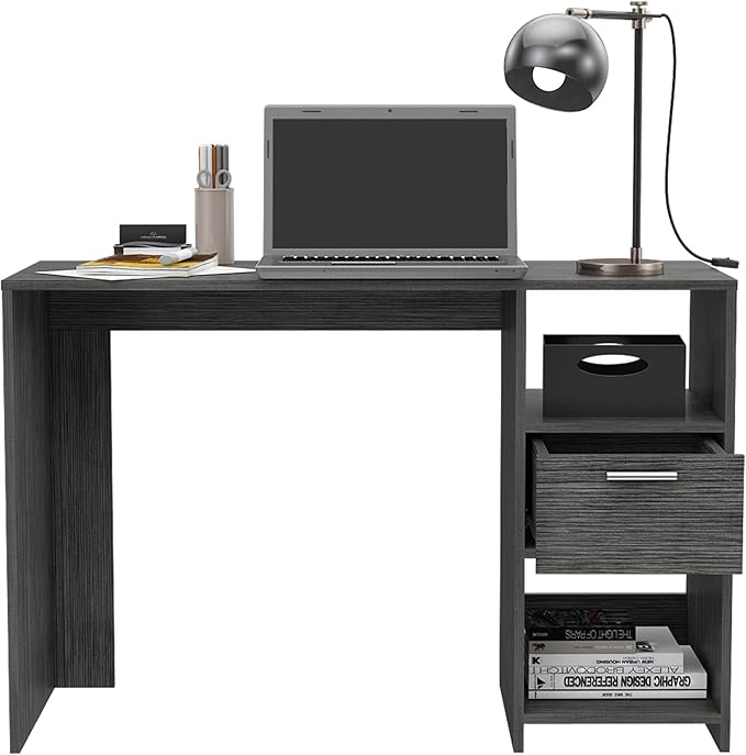 Penau Computer Desk with Drawer and Two Shelves Compact Design for Home Office Spacious Work Surface 43.3W x 17.0D Inches Grey Finish Open Storage Compartments
