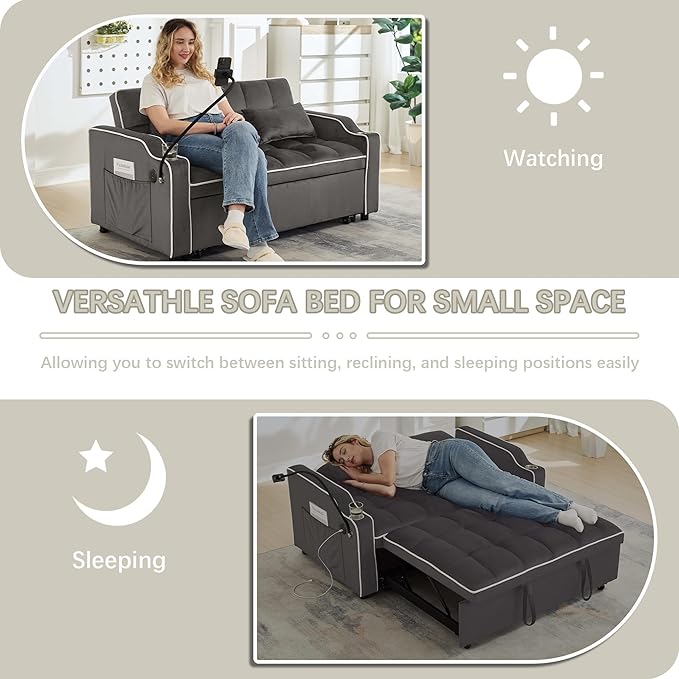 Loveseat Sofa Bed with USB Ports Phone Holder &amp Cup Holders | Convertible Futon Couch for Small Spaces Pull-Out Sleeper Sofa for Living Room &amp Apartments (Grey Double Seat)
