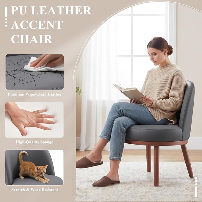 Accent Chair Set of 2 PU Leather Mid-Century Modern Chair for Small Space Comfy Upholstered Armless Chair for Living Room Bedroom Dark Gray