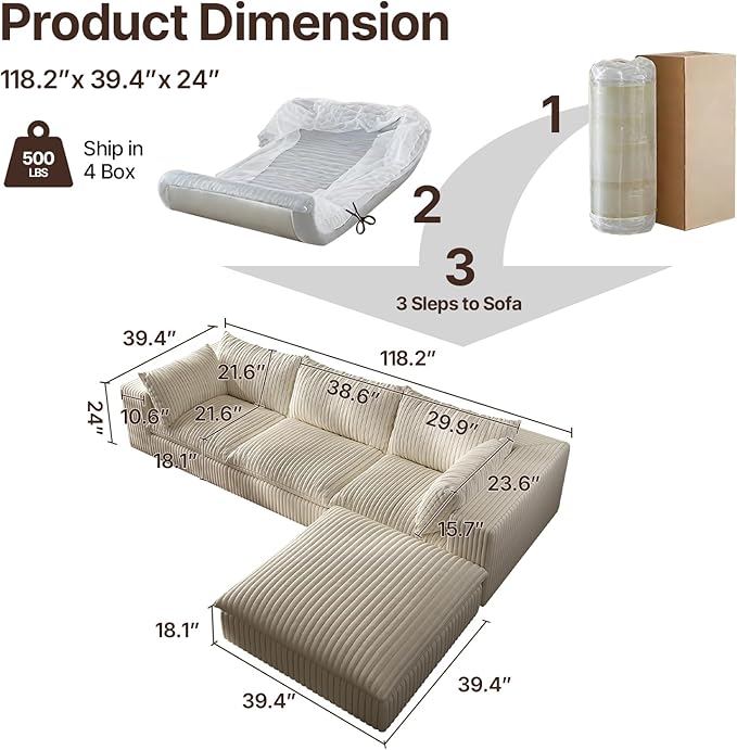 118-inch Boneless Cloud Sofa Modular Corduroy Sectional Couch with Full Foam Compression for Living Room Bedroom Apartment No Assembly Required (White 3 Seater with 1 Ottoman)