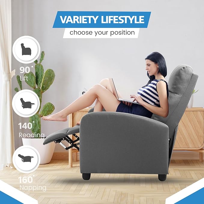 Recliner Chair for Adults Living Room Chairs Reading Chair with Fabric Padded Seat Backrest Modern Reclining Easy Lounge Bedroom Chair Recliner Chair for Bedroom (Grey)