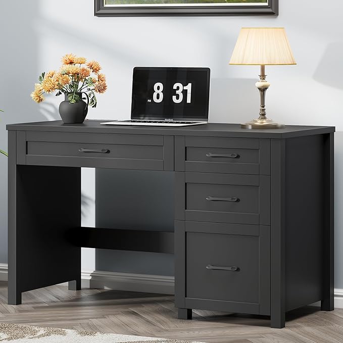 Vabches Farmhouse 47 Executive Desk Computer Desk with File Drawer and Charging Station Workstation for Home Office Study(Pure Black