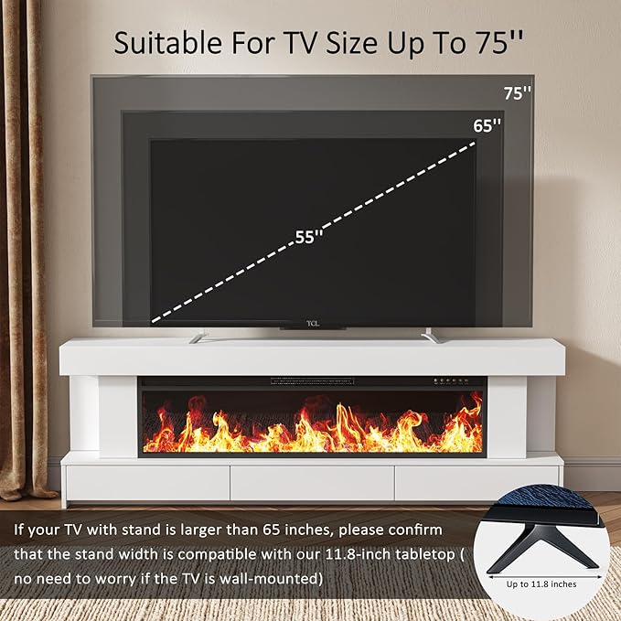 66.2 Fireplace TV Stand with 47 Electric Fireplace Heated Entertainment Center with Fireplace &amp 3 Drawers Modern Wood TV Console with 12 Electronic Flame Colors for Living Room White