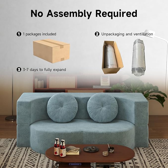 2-in-1 Full Size Convertible Floor Sleeper Couch Sofa Bed78”Folding Boneless Large Futon Loveseat Sofa with 2 Pillows Foam-Filled Compression Guest Couches Bed for Living Room (Light Blue)