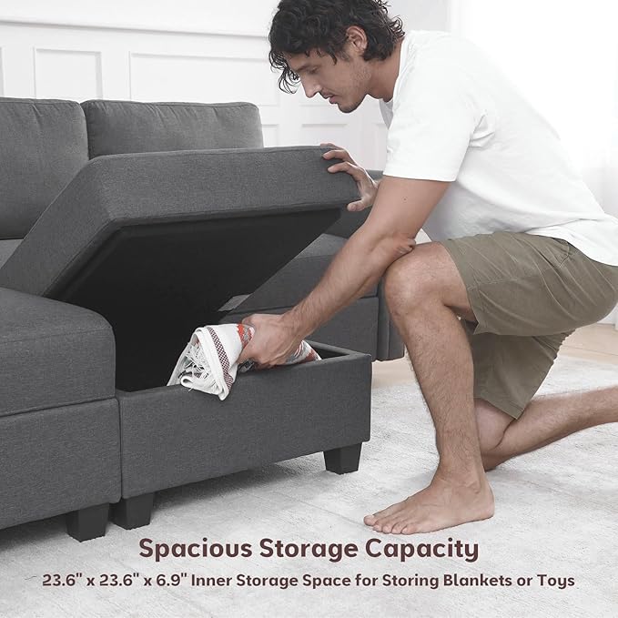 Modular Sectional Sofa Couch with Storage Space Underneath 93''L 3 Seater Sofa with Deep 27'' Seat &amp Rolled Armrest Design Wood Frame Seat with Dual Spring and Memory Foam Cushion