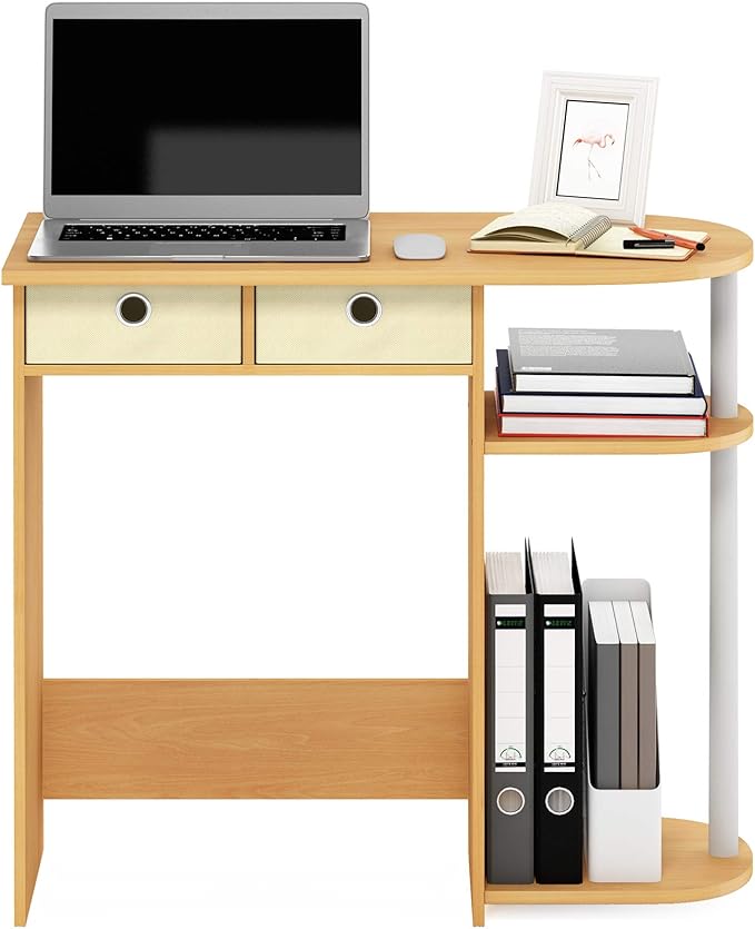 Furinno GO GREEN Desk 31.5 Wide Gaming Desk with 2 Side Shelves and Storage Bins Computer Desk Office Desk for Home Office Study Room Dorm Bedroom Beech