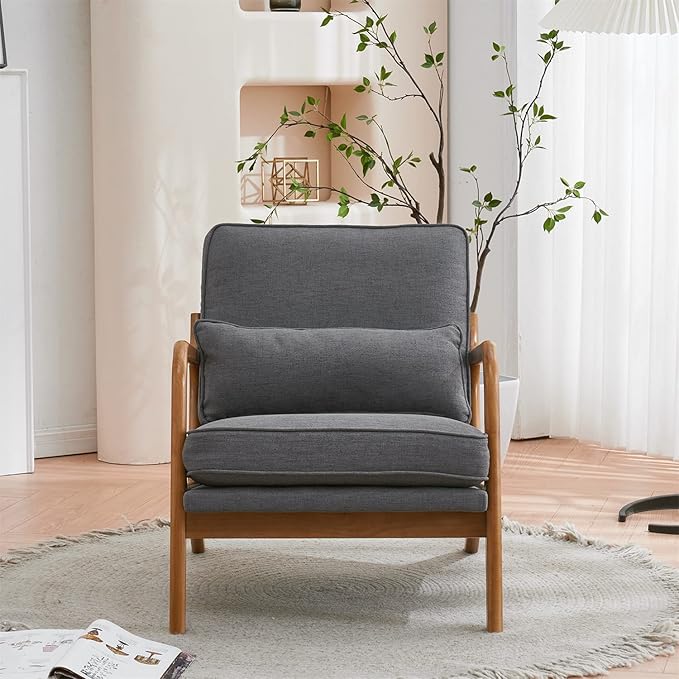 i-POOK Accent Chair Mid-Century Linen Fabric Upholstered Armchair with Pillow and Back Cushion Comfy Single Sofa Chair with Solid Wood Legs Reading Chair for Living Room Bedroom Office Dark Grey