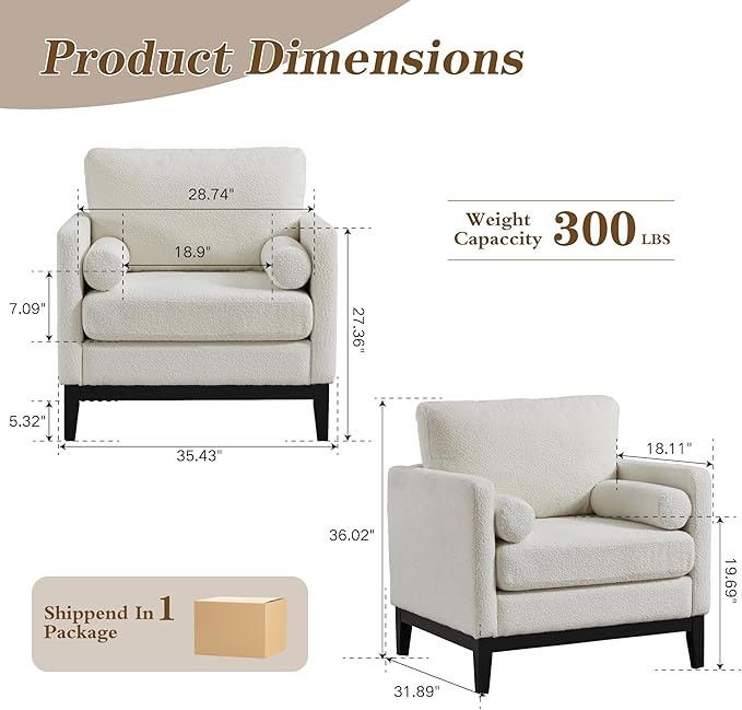 Mlmh &amp Kngwa 35.43 W Modern Accent Chair for Bedroom Upholstered Accent Chairs Single Sofa Chair with Wood Black Finish Legs Comfy Armchair for Living Room Office Ivory