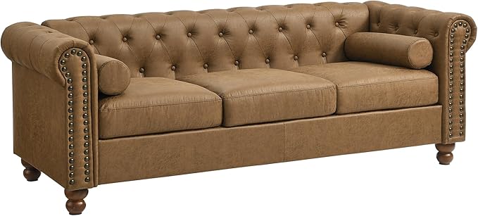 KEIKI 75 Chesterfield Velvet Tufted Button Sofa with Square Arms and Cushion Back Classic Style 3-Seater Couch with Solid Wood Legs Easy Assembly for Living Room Bedroom Apartment Brown