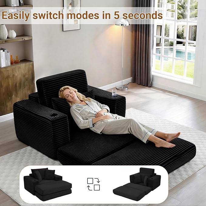 53 Oversized Chaise Lounge Chair Indoor Modular 3-in-1 Corduroy Boneless Chair Cloud-Like Cozy Comfy Sofa Bed Sleeper Couch for Reading Living Room Bedroom Black
