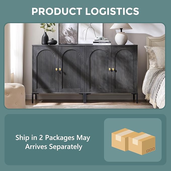 Modern TV Stands for 75 Inch TVs 61.75‬W Wood Entertainment Center w/Adjustable Shelves Mid Century Modern TV Stand w/Arched Fluted Doors Media Console Cabinet for Living Room Dark Grey