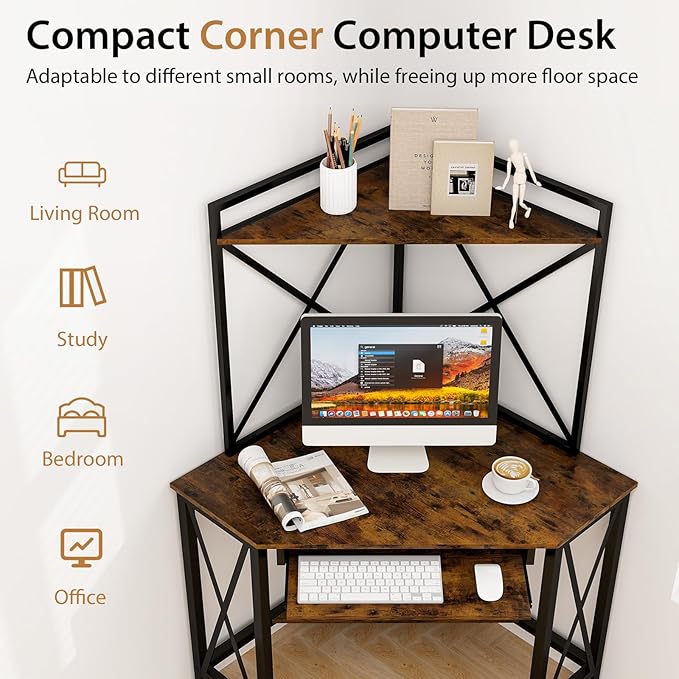 Tangkula Corner Desk with Hutch &amp Charging Station Space-Saving Computer Desk with Shelves &amp Keyboard Tray Triangle Home Office Desk with Metal Frame Corner Desk for Small Space